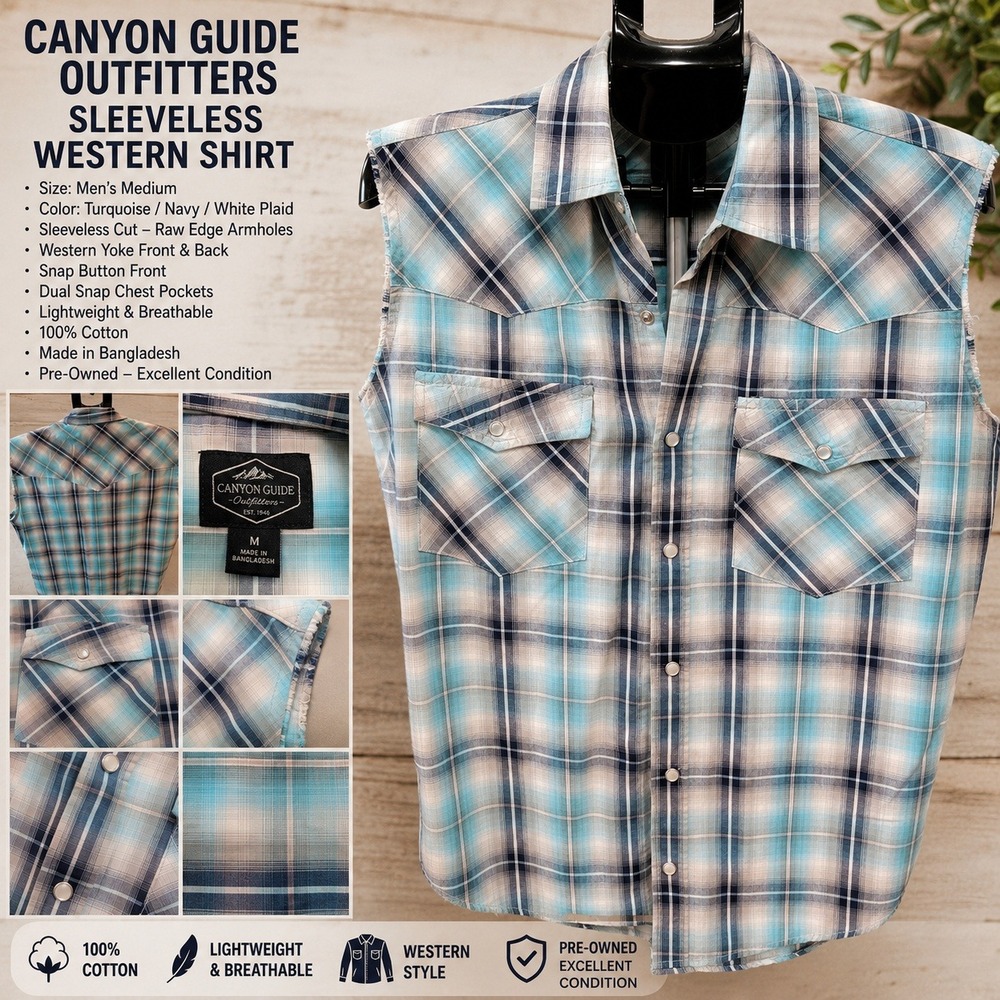 Canyon Guide Outfitters Mens Plaid Western Sleeveless Pearl Snap Shirt Turquoise